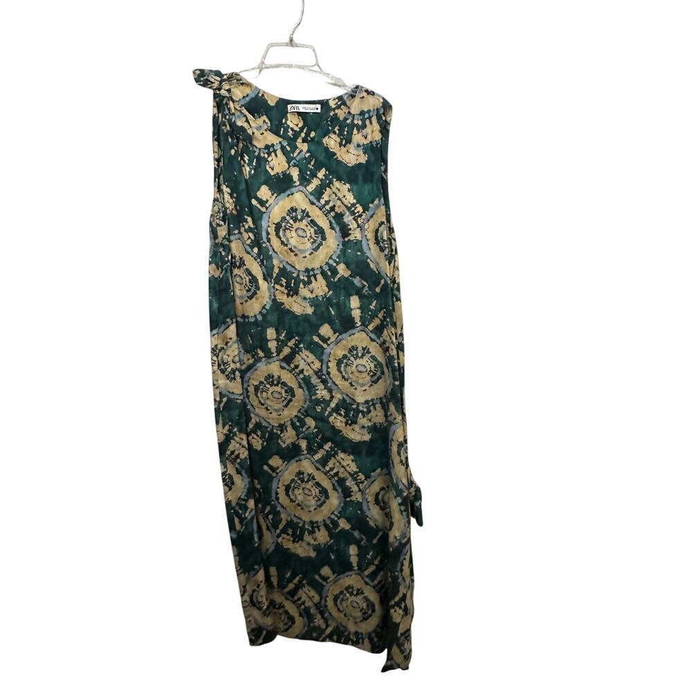 ZARA Maxi Dress Tie-Dye Linen Blend Side Slit Knot Green Size XL - Picture 7 of 10